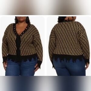 3X Geometric Print Distressed Trendy Threads | Cardigan |Black Bronze/Gold | NWT